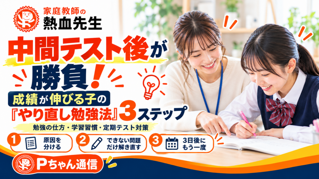 家庭教師の熱血先生が紹介する中学生の中間テスト後のやり直し勉強法3ステップ